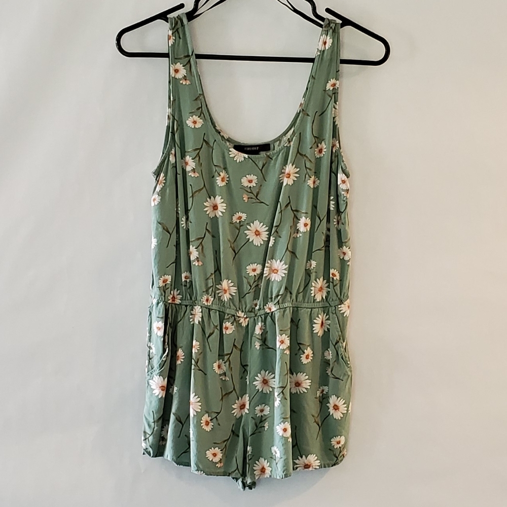 Forever 21 Green Floral Sleeveless Shorts Romper